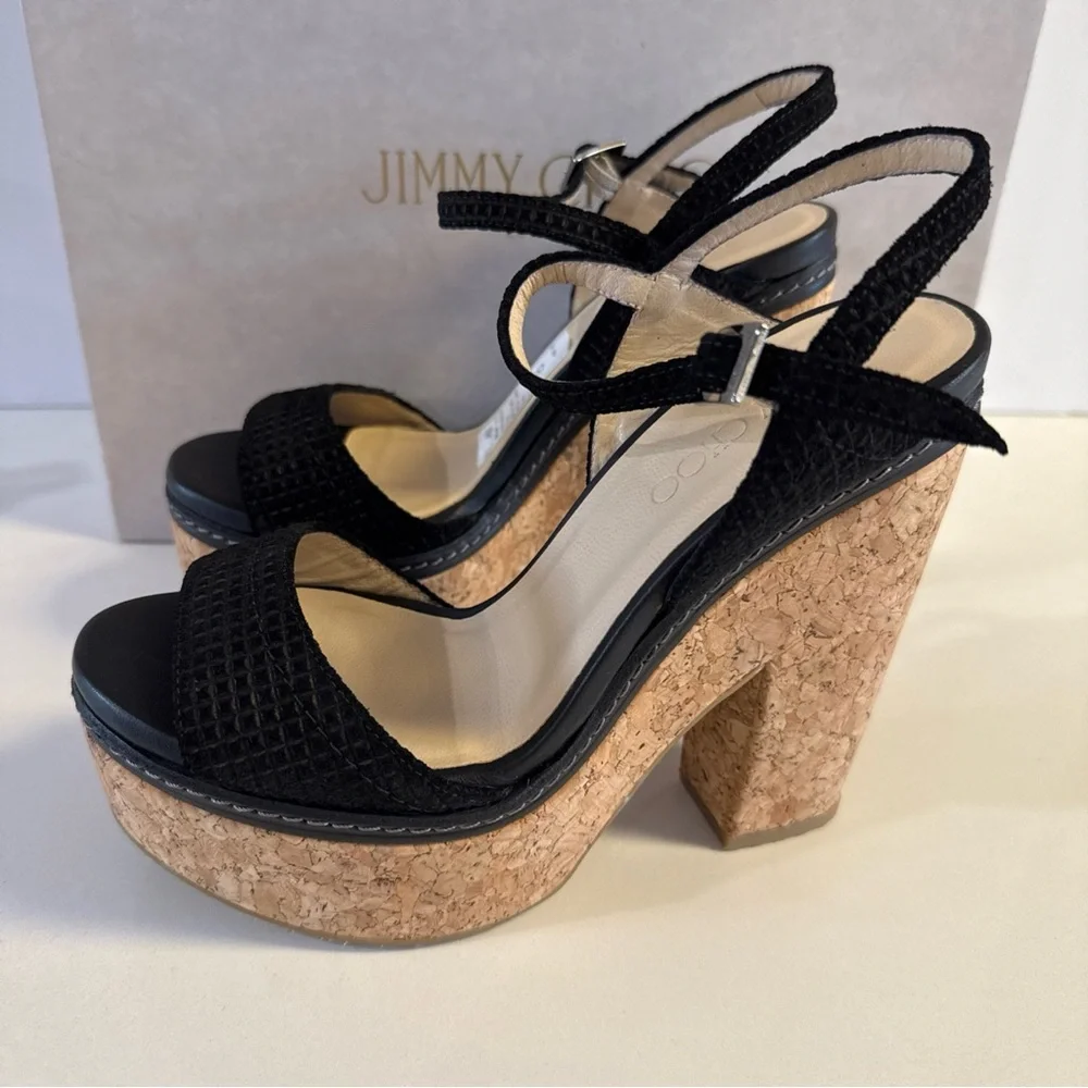 Jimmy Choo Naylor 135 Platform Sandals Black Suede Cork Block Size 38.5…